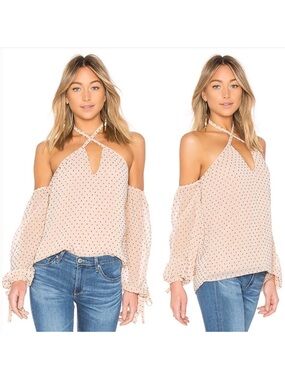 L’Acadamie Amber Blouse XS in nude dot - Cold-Shoulder Halter Polka Dot Blouse